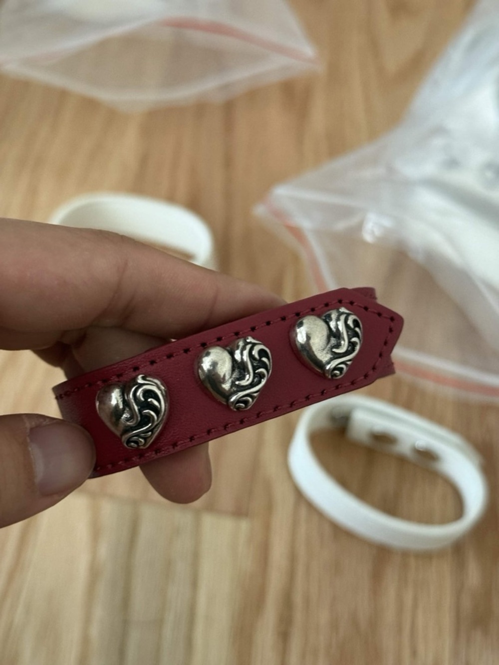 Chrome Hearts Red Leather Bracelet with Silver Heart Studs